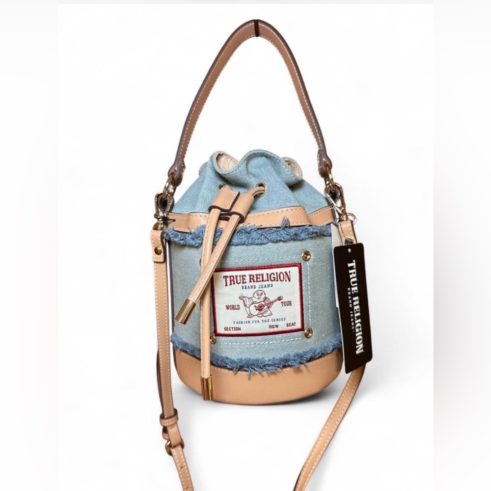 True Religion Light Blue Denim & Tan Leather Drawstring Bucket Bag